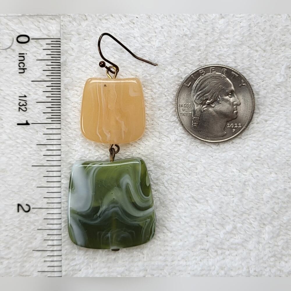 Cream and Green Geometric Resin Statement Dangle Earrings – Pierced - Picture 8 of 8